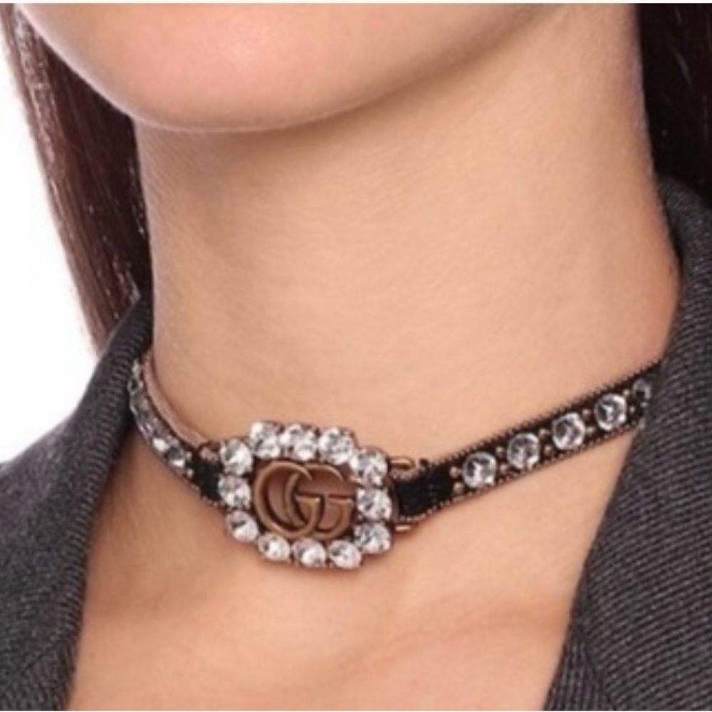 Gucci Calfskin Crystal Embellished Double G Choker Necklace Black - Picture 2 of 13